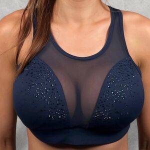 Navy Blue Sheer Mesh Sports Bra with Rhinestones